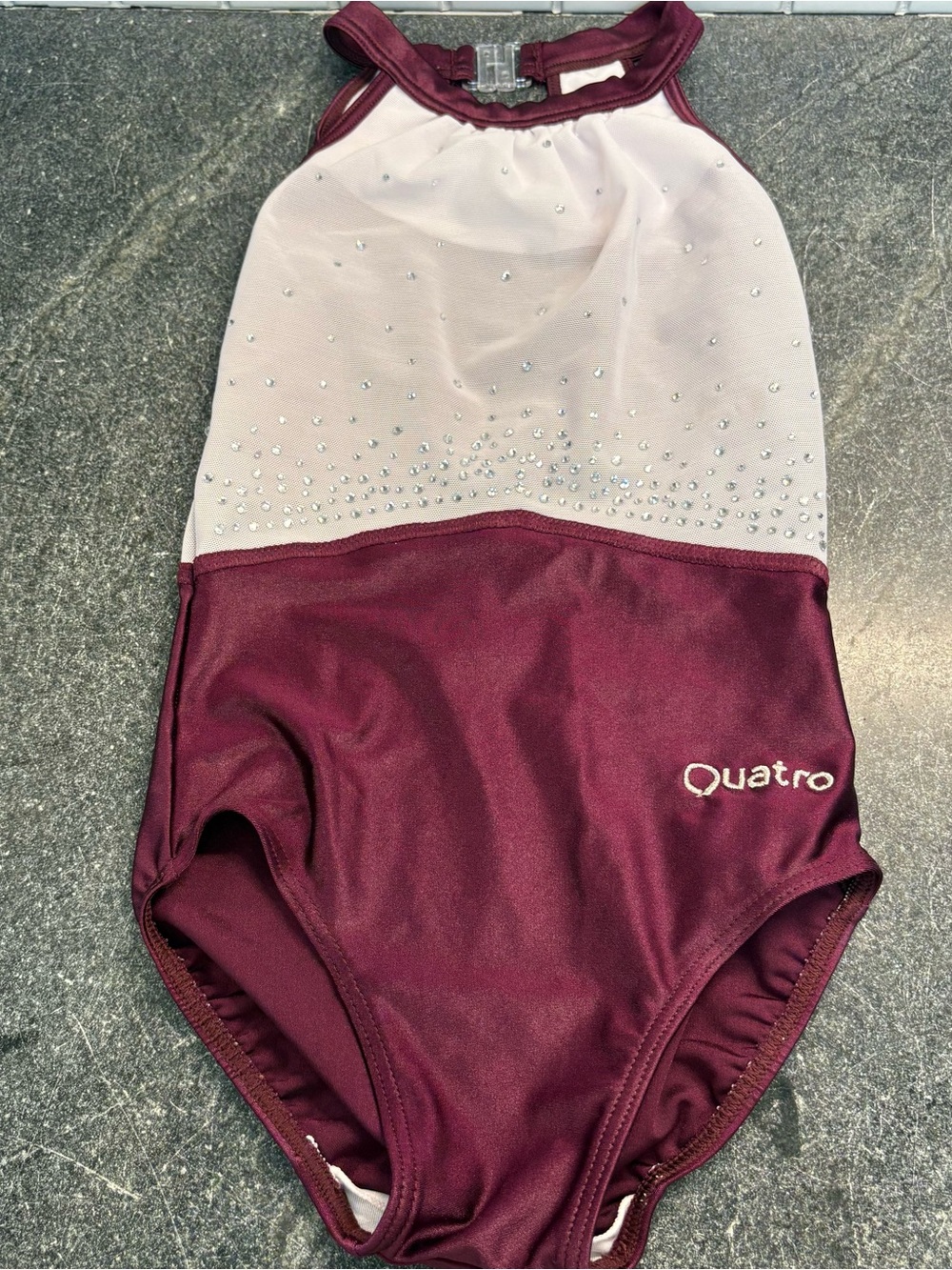 Girls Maroon and White Rhinestone Gymnastics Leotard